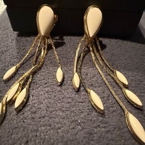 Vintage Gold and Cream Leaf Dangle Clip on Earrings